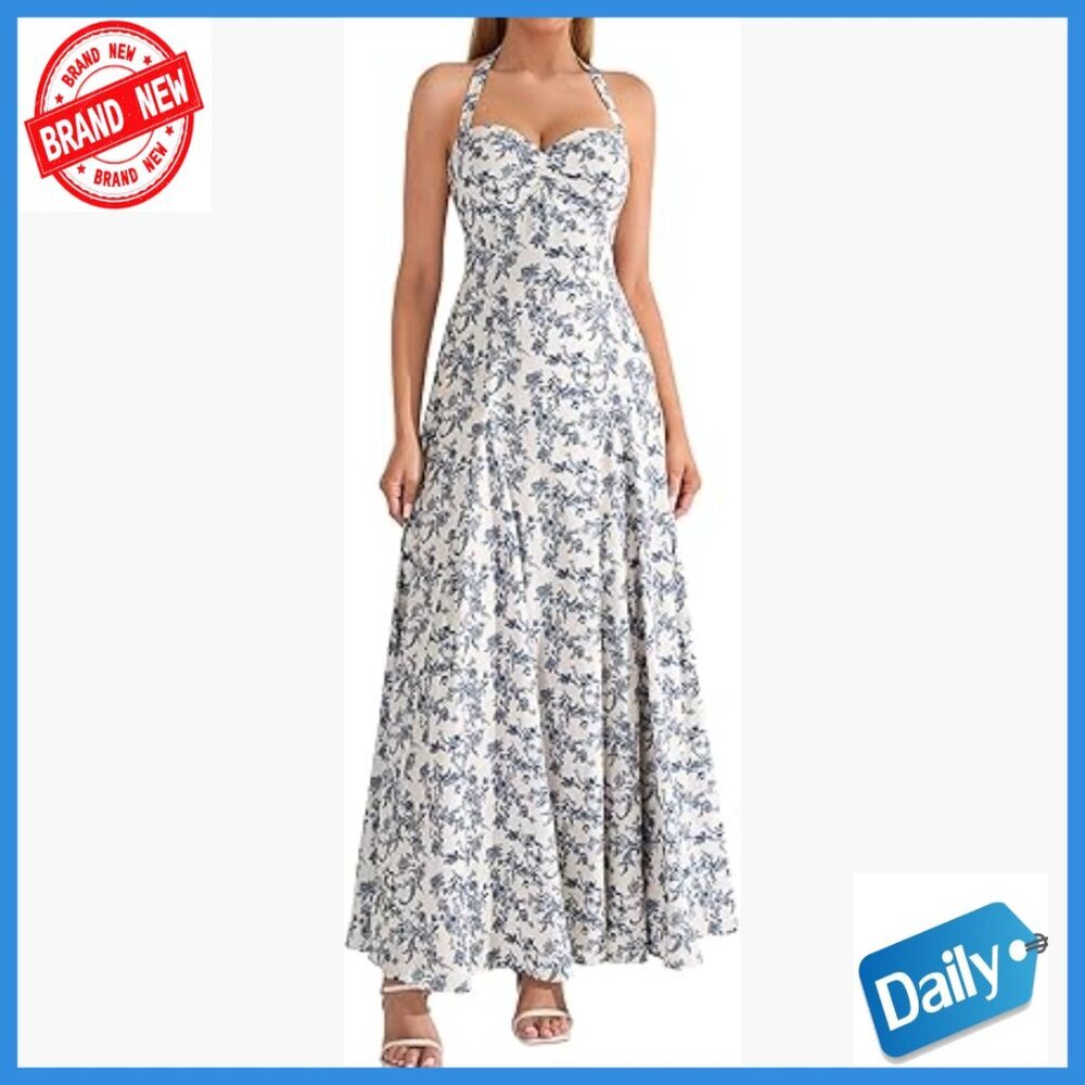 Floral Maxi Dress Halter Sweetheart Neckline Smocked Back A-Line Formal
